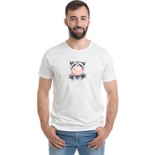 Qivi Rakun Illüstrasyon Rakun Suluboya Çiçek Suluboya Baskılı Beyaz Erkek Örme Tshirt T-Shirt Tişört T Sh