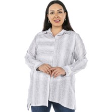 Büyük Beden Asimetrik Kesim Arkadan Düğme Detaylı Gri Çizgili Gömlek