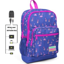 Coral High Flamingo Baskılı Dört Gözlü İlkokul Çantası USB ve AUX Çıkışlı 27 x 40 x 16 cm Kız Çocuk