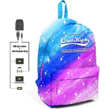 Coral High Usb + Aux Soketli Desenli Sırt Çantası Saks Mavi - Pembe