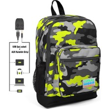 Coral High Kids Usb + Aux Soketli Kamuflaj Desenli Dört Gözlü İlkokul Çantası Yeşil
