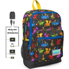 Coral High Kids Ejderha Baskılı Usb + Aux Soketli Dört Gözlü İlkokul Çantası