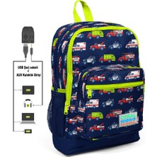 Coral High Yardımcı Arabalar Baskılı Usb + Aux Soketli Dört Gözlü İlkokul Çantası