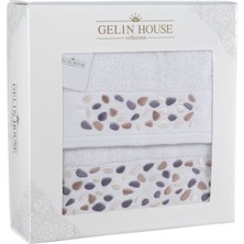 Gelin House Collection  Pamuklu Saten Bordürlü Mozaik Desen Nakışlı Bukle Havlu Set Beyaz