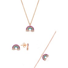 Söğütlü Silver Gümüş Rose Renkli Taşlı Gök Kuşağı Üçlü Set
