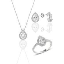 Söğütlü Silver Gümüş Rodyumlu Zirkon Taşlı Damla Modeli Üçlü Set