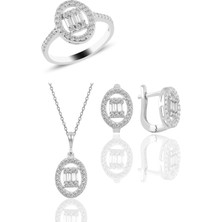 Söğütlü Silver Gümüş Rodyumlu Oval Gümüş Düz Baget Taşlı Üçlü Set