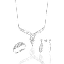 Söğütlü Silver Gümüş Rodyumlu  Pırlanta Modeli Beyaz Altın Görünümlü Kolye Küpe ve Yüzük Seti