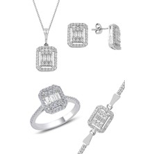 Söğütlü Silver Gümüş Rodyumlu Çizgili Baget Taşlı Dörtlü Set