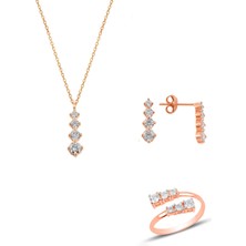 Söğütlü Silver Gümüş Rose Zirkon Taşlı Pırlanta Modeli Pırıltı Üçlü Set