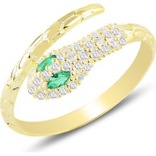 Söğütlü Silver Gümüş Altın Yaldızlı  Kök Zümrüt ve Zirkon Taşlı Ayarlanabilir Yılan Yüzük