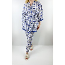Modaonna Deniz Desenli Keten Kimono Pantolon Takım