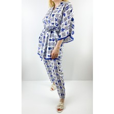Modaonna Deniz Desenli Keten Kimono Pantolon Takım