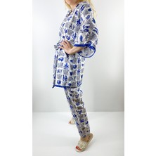 Modaonna Deniz Desenli Keten Kimono Pantolon Takım