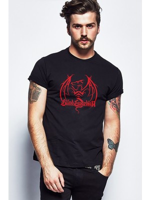 Qivi Blind Guardian Logo Metal Rock Müzik Baskılı Siyah Erkek Örme Tshirt