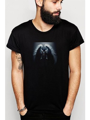 Qivi Angels Supernatural Baskılı Siyah Erkek Örme Tshirt