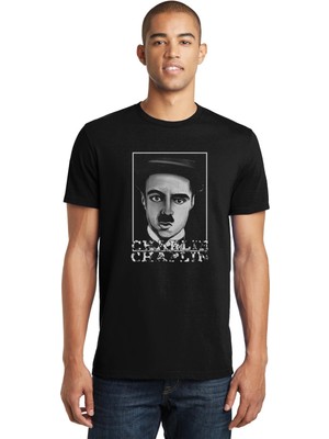 Qivi Charlie Chaplie Portre Baskılı Siyah Erkek Örme Tshirt