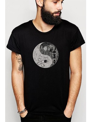 Qivi Stranger Things Ying Yang Upside Baskılı Siyah Erkek Örme Tshirt
