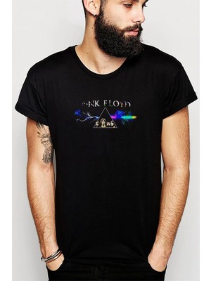 Qivi Pink Floyd Rainbow 2018 Metal Rock Baskılı Siyah Erkek Örme Tshirt