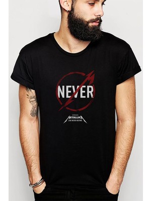 Qivi Metallica Never Baskılı Siyah Erkek Örme Tshirt