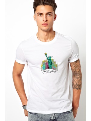 Qivi Vector Character Design Statue Of Liberty Baskılı Beyaz Erkek Örme Tshirt