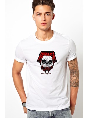 Qivi Metallica Kurukafa Baskılı Beyaz Erkek Örme Tshirt