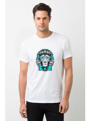Qivi Kral Kulaklık Gözlük Papyonlu Aslan Baskılı Beyaz Erkek Örme Tshirt