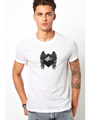 Qivi Selçuklu Gri Kartalı Göktürk Baskılı Beyaz Erkek Örme Tshirt