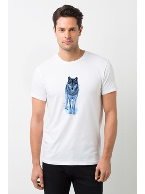 Qivi Wolf Kurt Sibirya Köpek Çizim Baskılı Beyaz Erkek Örme Tshirt