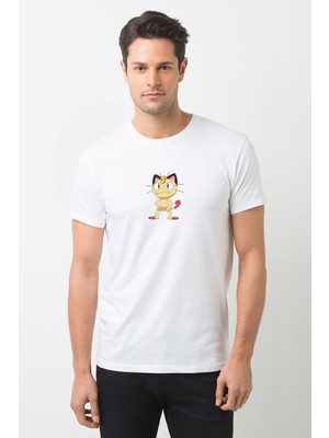 Qivi Pokemon Miyav Bıyık Miyav Go Ash Baskılı Beyaz Erkek Örme Tshirt