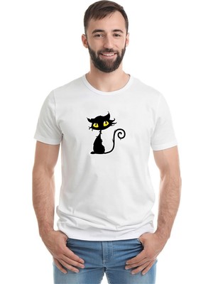 Qivi Kara Kedi Yavru Cadılar Bayramı Baskılı Beyaz Erkek Örme Tshirt