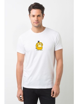 Qivi Pokemon Psyduck Baskılı Beyaz Erkek Örme Tshirt
