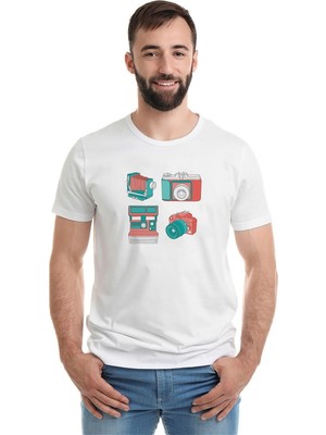 Qivi Nostalji Kamera Fotoğraf Makinesi Baskılı Beyaz Erkek Örme Tshirt