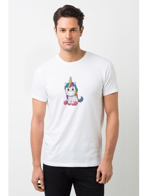 Qivi Unicorn Flower Baskılı Beyaz Erkek Örme Tshirt