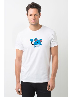 Qivi Mavi ve Beyaz Pokemon Illüstrasyon Marill Baskılı Beyaz Erkek Örme Tshirt