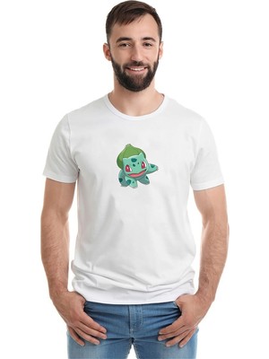 Qivi Yeşil Pokemon Karakter Pokémon Baskılı Beyaz Erkek Örme Tshirt