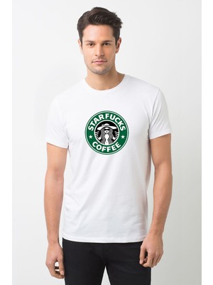 Qivi Starfucks Coffee Baskılı Beyaz Erkek Örme Tshirt