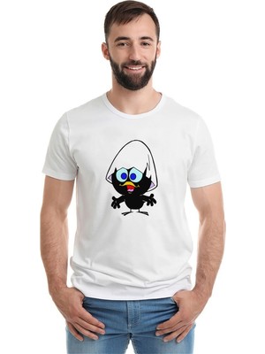 Qivi Yumurtadan Çıkan Şaşkın Kuş Baskılı Beyaz Erkek Örme Tshirt