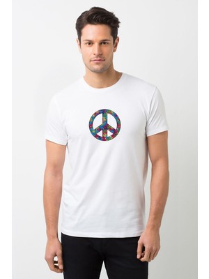 Qivi Peace Hippie Peace Symbols Baskılı Beyaz Erkek Örme Tshirt