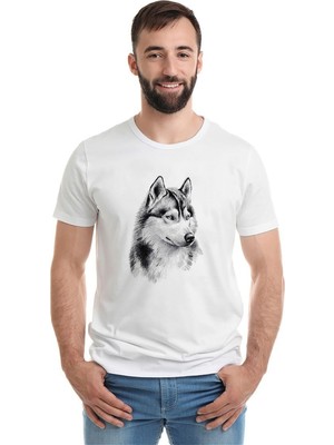 Qivi Wolf Kurt Sibirya Köpek Karakalem Çizim Baskılı Beyaz Erkek Örme Tshirt