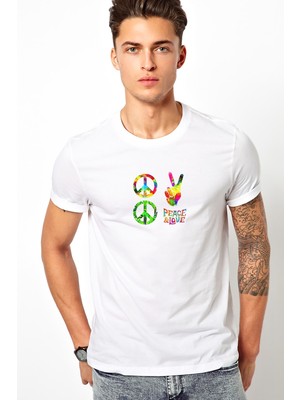 Qivi Peace Hippie Peace Set Of Pacifik Baskılı Beyaz Erkek Örme Tshirt