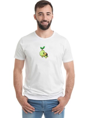 Qivi Pokemon Karakter Çizimi Turtwig Pokemon Baskılı Beyaz Erkek Örme Tshirt