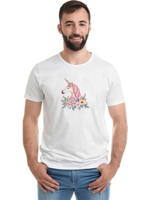 Qivi Unicorn Flower Unnamed Baskılı Beyaz Erkek Örme Tshirt