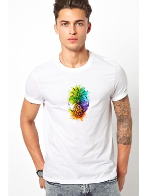 Qivi Ananas Kokteyl Suluboya Resim Punch Dövme Baskılı Beyaz Erkek Örme Tshirt