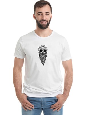 Qivi Sakallı Skull Siyah Baskılı Beyaz Erkek Örme Tshirt