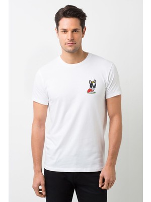 Qivi Bulldog Köpek Baskılı Beyaz Erkek Örme Tshirt