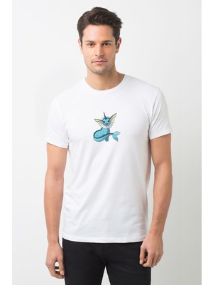 Qivi Pokemon Vaporeon Baskılı Beyaz Erkek Örme Tshirt