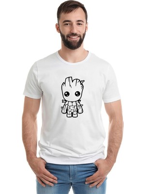 Qivi Groot Pattern Logo Çizim Baskılı Beyaz Erkek Örme Tshirt