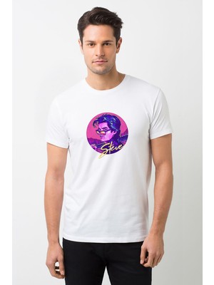 Qivi Stranger Things Steve Baskılı Beyaz Erkek Örme Tshirt