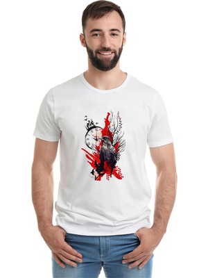 Qivi Owl Rose Trash Polka Saat Kuşlar Baskılı Beyaz Erkek Örme Tshirt